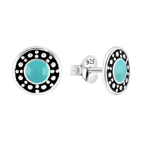 Ohrring mit Kreis und blauen Stein Sterling Silber 925 E-16095